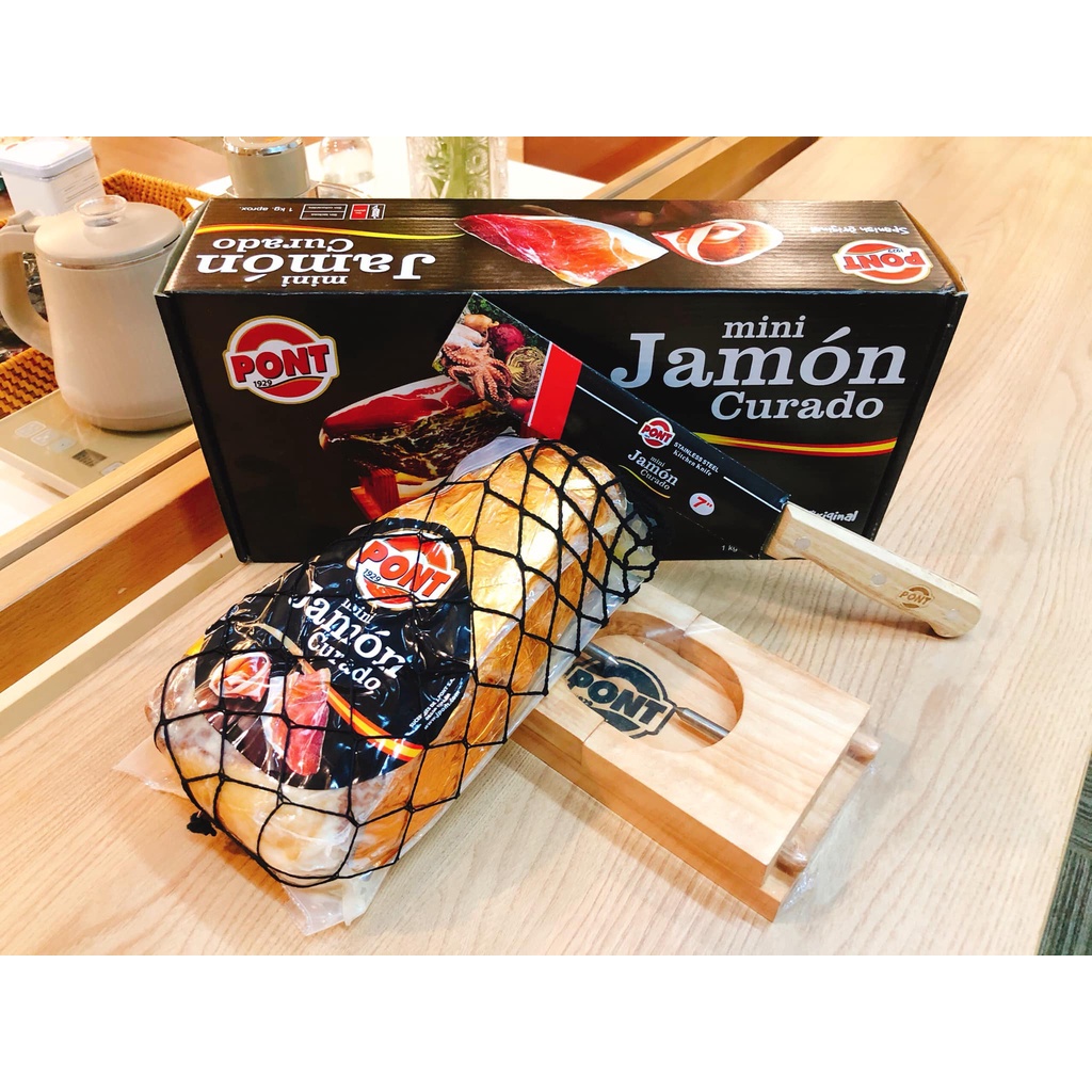 Đùi Heo Muối Mini Pont Jamon Curado 1.0Kg Túi lưới dao vàng khắc Pont