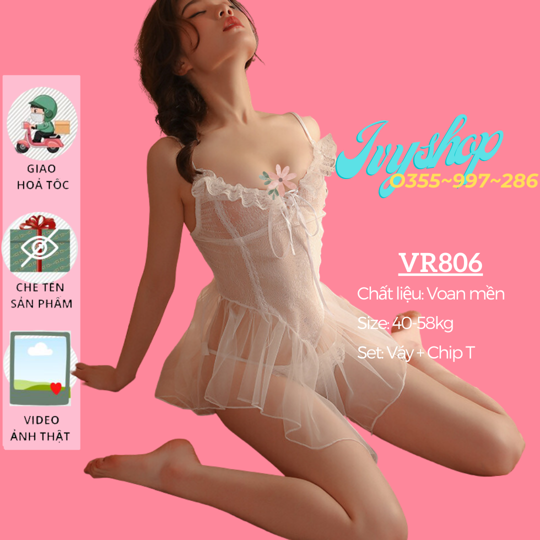 Váy ngủ nữ 2 dây ren hở vai trần gợi cảm, đầm ngủ nữ sexy chất ren xuyên thấu - VR806 - Màu đen, trắng