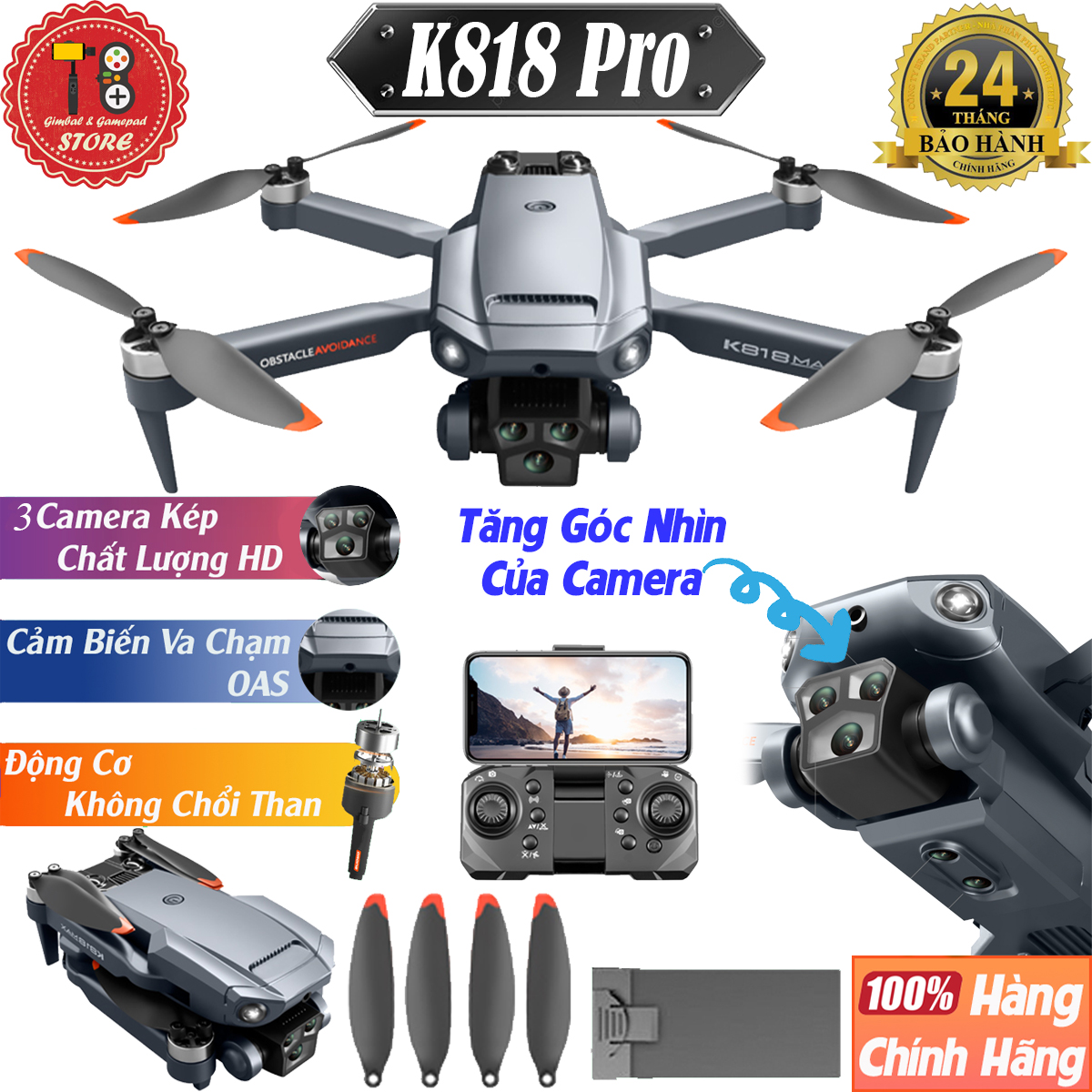 Máy Bay Điều Khiển Từ Xa, Flycam K818 động cơ không chổi than tích hợp 3 camera kép HD -Tránh chướng ngoại vật-Flycam giá rẻ-Flycam mini-Flycam 6k