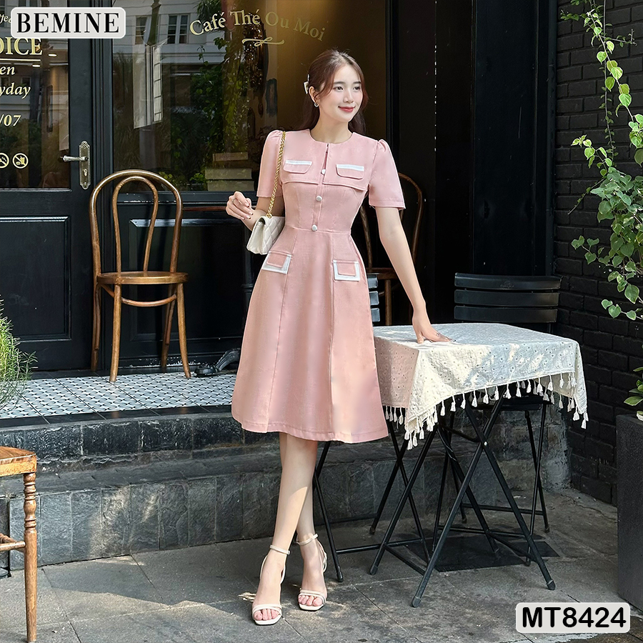 Đầm cổ tròn phối nắp túi tùng A BEMINE MT8424