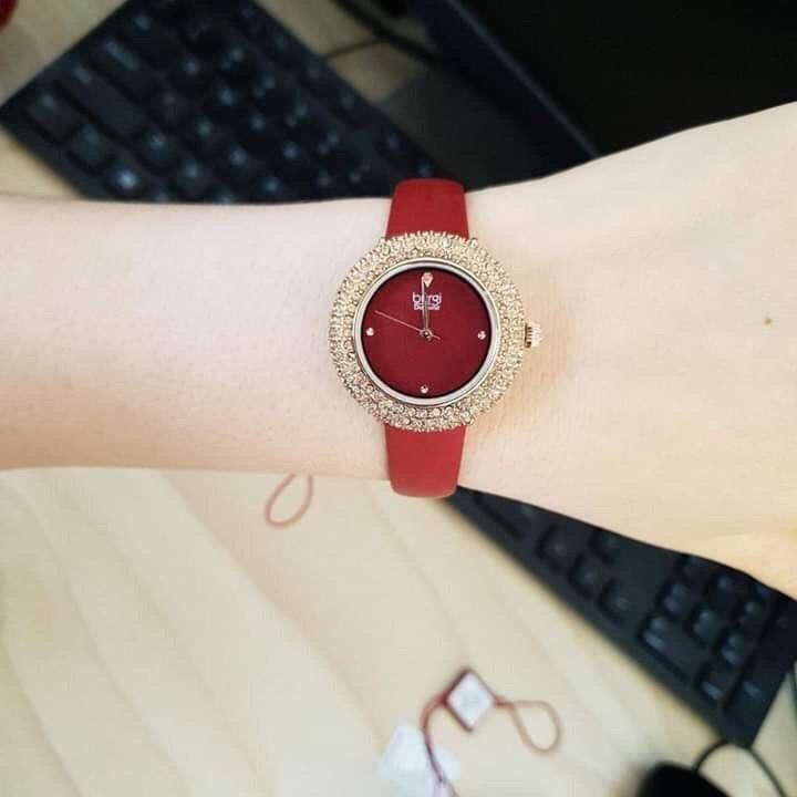 [HCM]Đồng hồ thời trang nữ dây da BURGI BUR227GN - MẶT ĐỎ - MÂM XÔI ĐÍNH ĐÁ Swarovski Size 33 mm