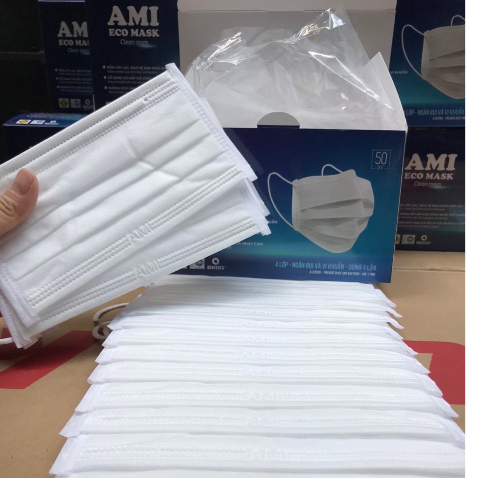 [1 Trắng 4L💝]Hộp 50 Chiếc Khẩu Trang Màu Trắng 4 Lớp Ami