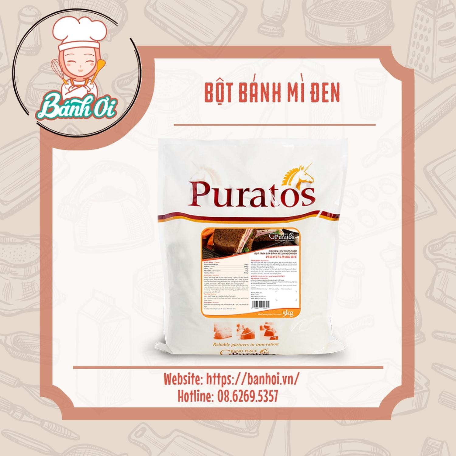 [Túi 1Kg – DARK RYE] Bột trộn bánh mì (mỳ) lúa mạch đen / bột mì đen Puratos