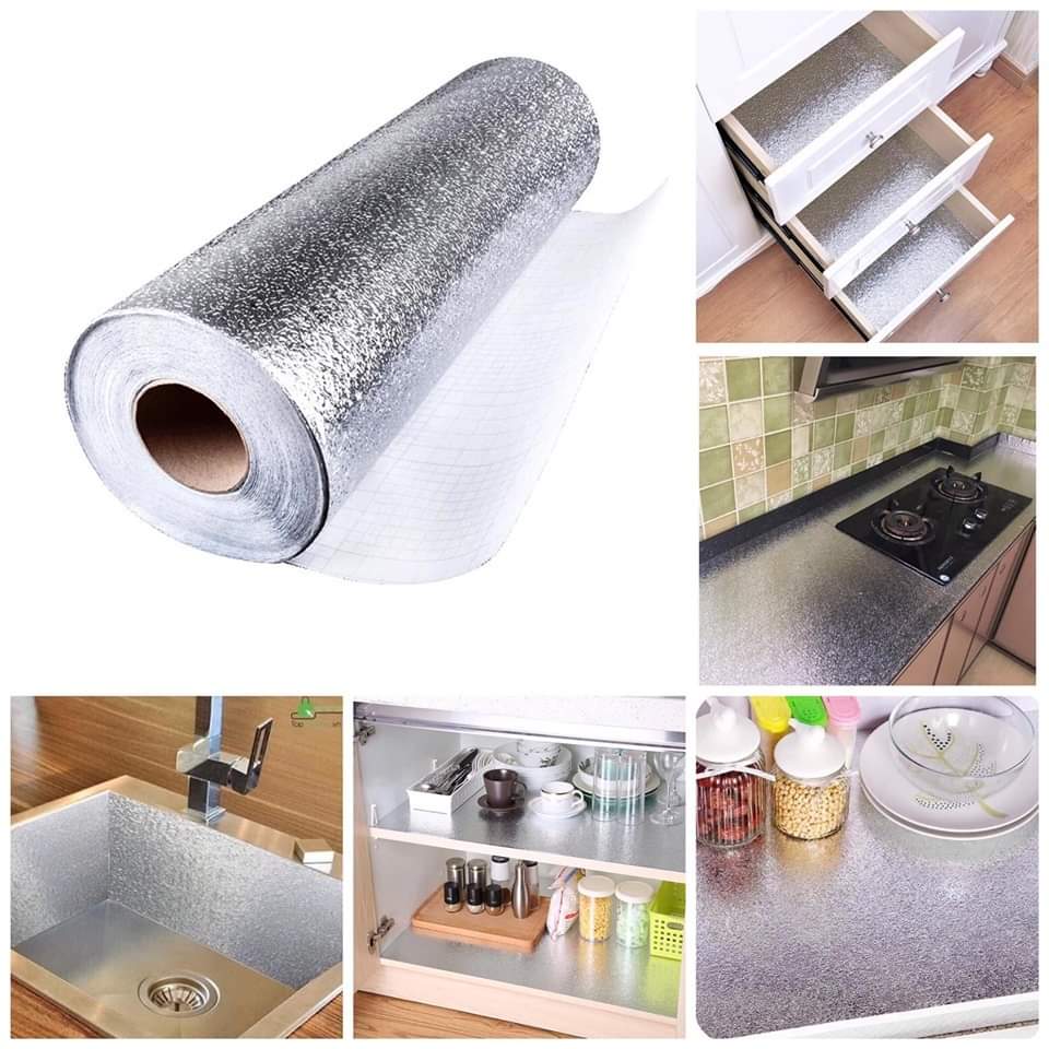 Cuộn giấy bạc dán bếp chịu nhiệt siêu sạch 60cmx2m-Cuộn giấy bạc dán nhà bếp-Cuộn giấy bạc tráng nhôm cách nhiệt dùng dán tường bếp dán lót mặt bếp dán lót tủ dán tường có sẵn keo chỉ cần lột ra dán có thể tự dán dễ dàng