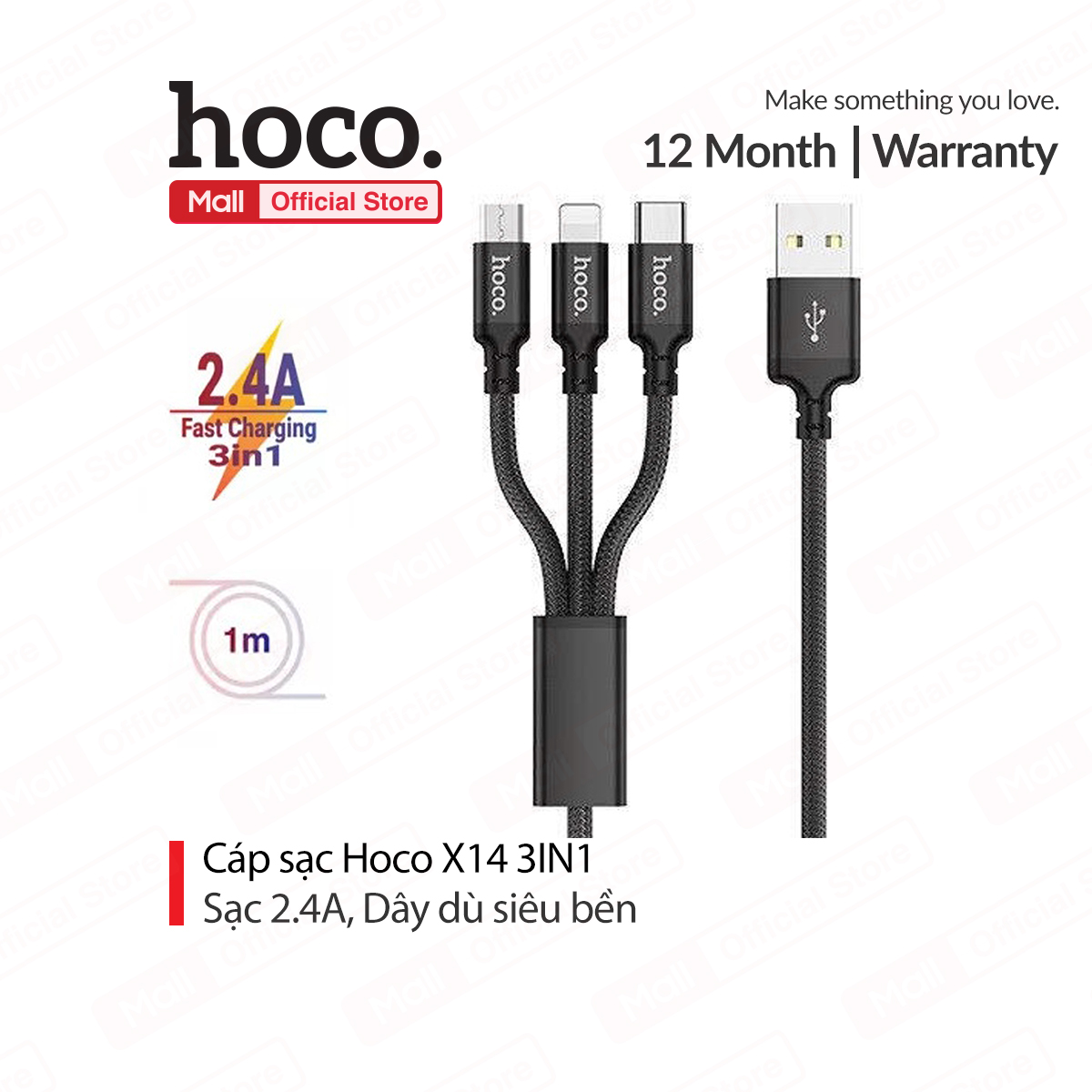 Cáp sạc 2.4a hoco x14 3in1 dây dù siêu bền dài 1m cho smartphone