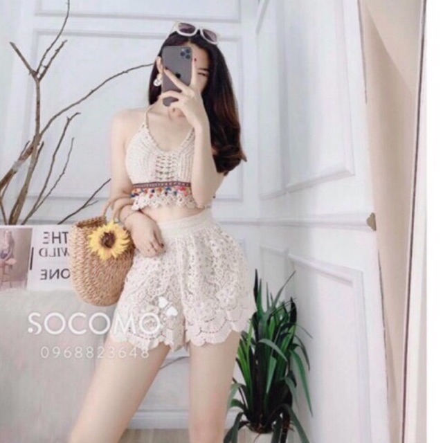 13-Set áo bra -quần sóc ren đi biển 2 món