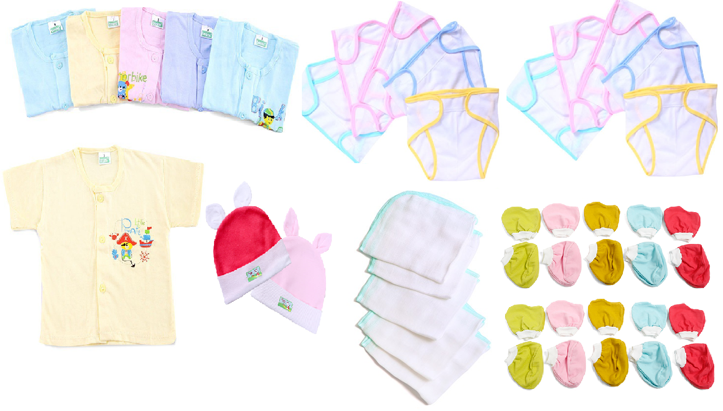 [ tặng vòng dâu tằm] bộ 42 món đồ dùng dành cho bé sơ sinh cao cấp( 5 áo màu nút giữa + 5 khăn sữa + 2 nón + 10 tã dán + 10 cặp bao tay + 10 cặp bao chân)