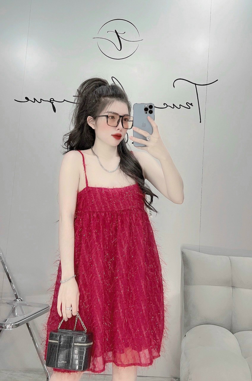 Đầm 2 dây lông vũ