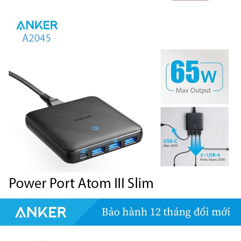 Sạc Anker 65W PowerPort III Slim-A2045 Công nghệ GaN và IQ3.0/Anker Powerport III Slim 63W GaN-IQ3.0/PPS-2C2A (A2046)