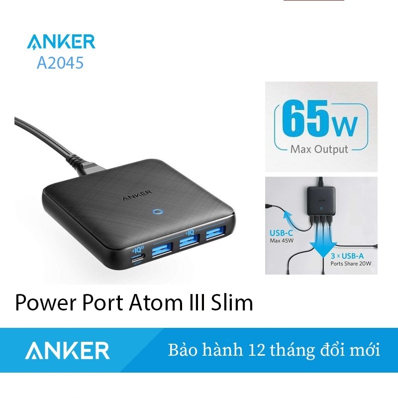 Sạc Anker 65W PowerPort III Slim - A2045 Công nghệ GaN và IQ3.0 Mới