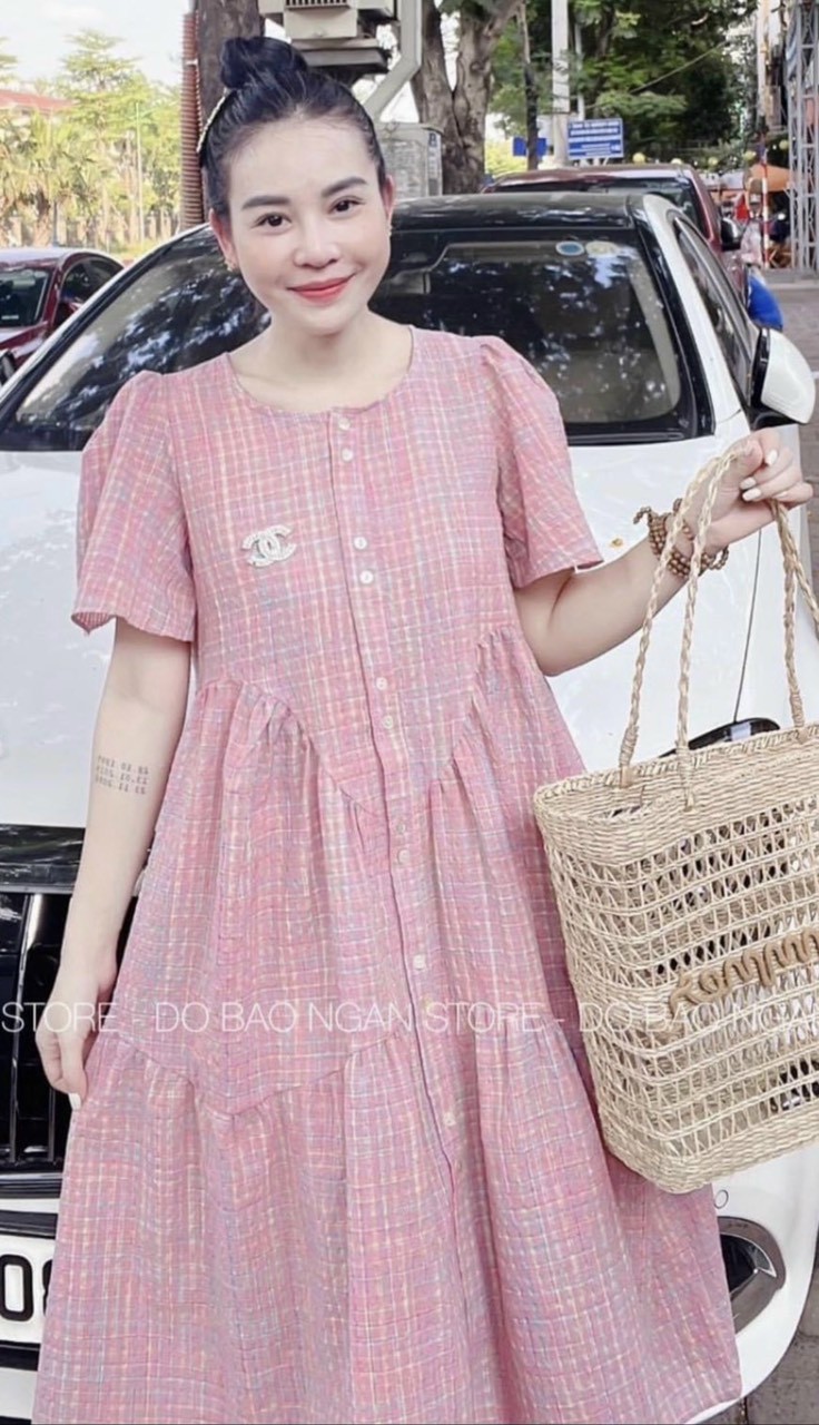 Đầm bầu váy bầu mùa hè kẻ caro thời trang công sở xinh xắn mát mẻ