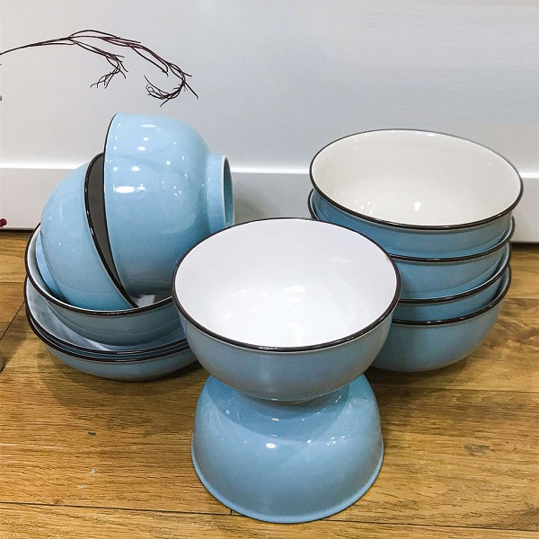 bộ chén cơm sứ tráng men cao cấp màu xanh ngọc - bộ chén cơm sứ tráng men cáo cấp màu xanh biển