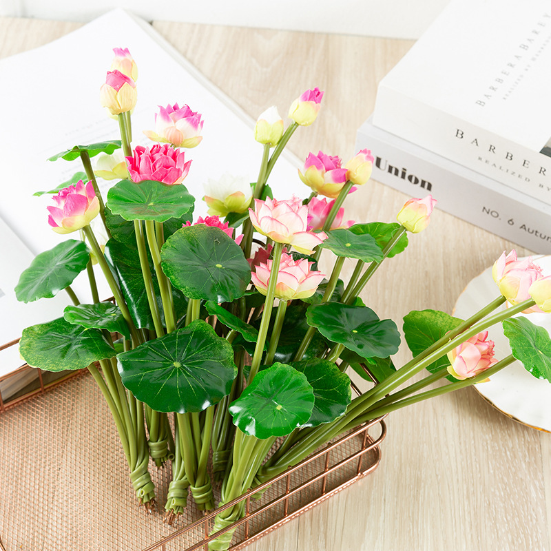 Cành hoa sen mini VI014 ( 2 bông 1 nụ 4 lá, cao 25cm), hoa giả trang trí