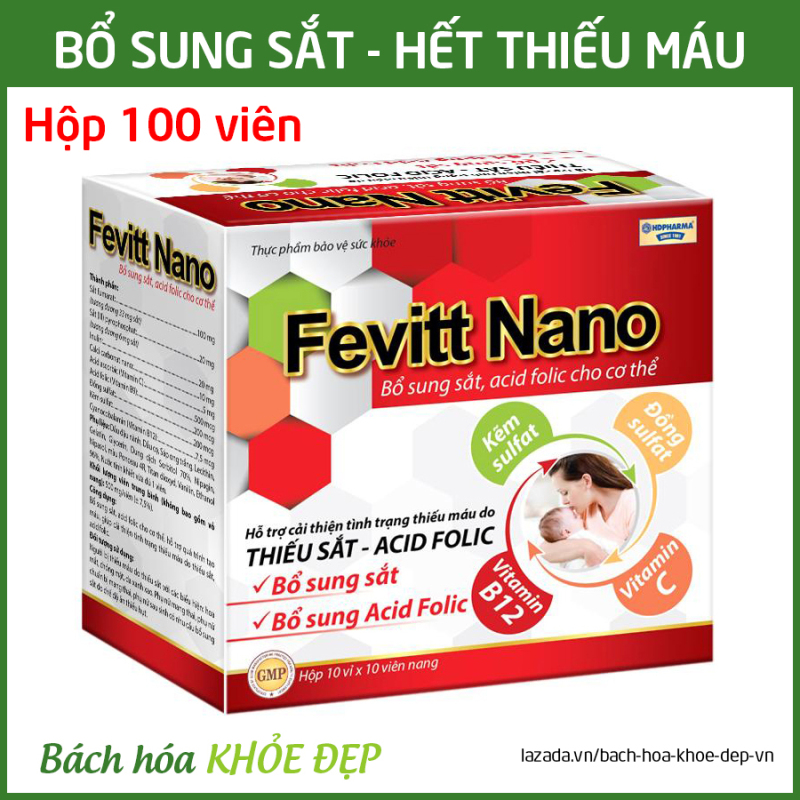Viên uống Fevitt Nano bổ sung Sắt, Acid Folic cho người thiếu máu não, phụ nữ mang thai và sau sinh - Hộp 100 viên dùng 100 ngày