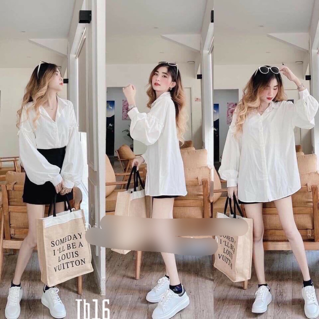Áo sơ mi trắng tay phồng dài công sở học sinh