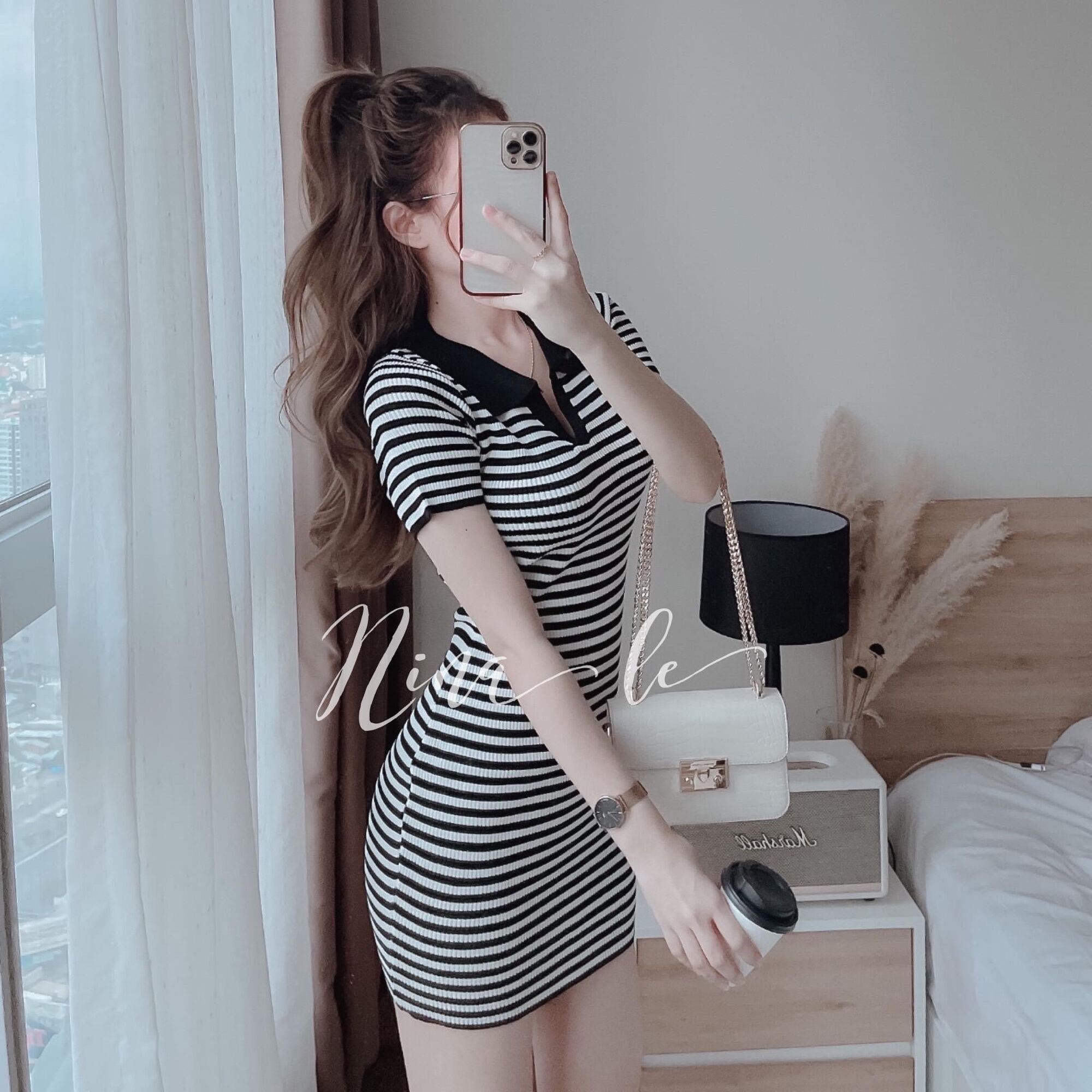Đầm Gân Body Tay Ngắn Cổ Bẻ Trơn Basic