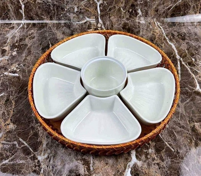 Bộ bát đĩa hoa mai men trắng sứ sương Bát Tràng cao cấp
