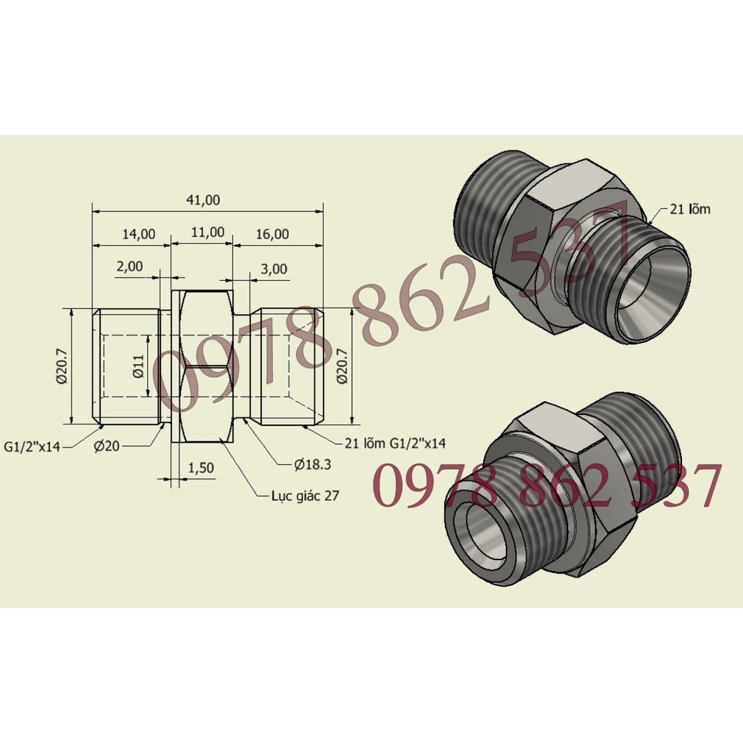 Rắc co thuỷ lực Ren 21 G1/2''- 21 lõm