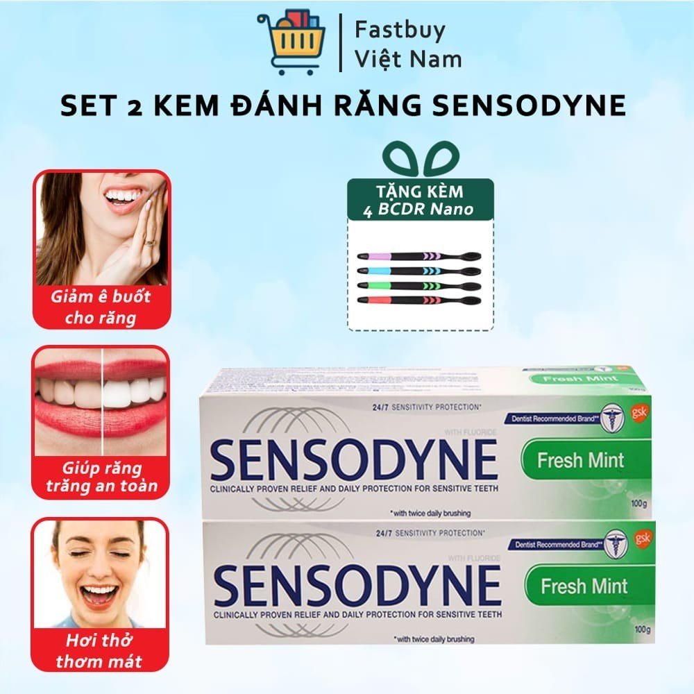 Combo 2 hộp kem đánh răng sensodyne + Tặng 4 bàn chải đánh răng than hoạt tính giúp trắng răng hương thơm mát giảm ê buốt