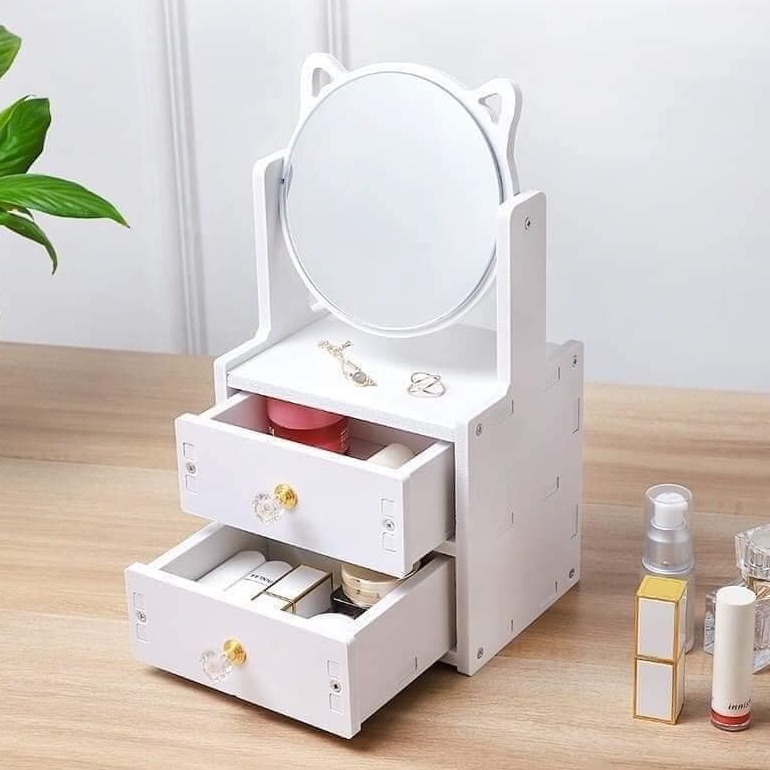 SIZE LỚN - TỦ ĐỰNG MỸ PHẨM ĐỒ TRANG ĐIỂM CÓ GƯƠNG HÌNH TAI MÈO SANG CHẢNH - KỆ ĐỰNG MỸ PHẨM, ĐỒ DÙNG VĂN PHÒNG CÓ NGĂN KÉO CHỐNG BÁM BẨN CAO CẤP - HÀNG LOẠI ĐẸP CHỐNG BÁM BẨN TRÀY XƯỚC