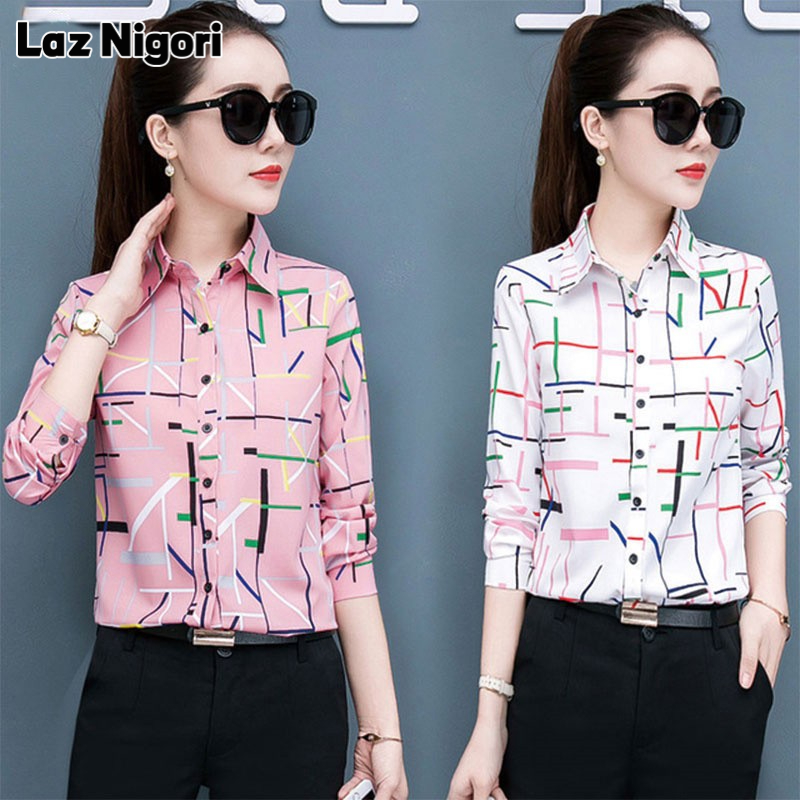 NI Blouses for women printed shirt female long-sleeved chiffon shirt wild shirt female Korean version of Slim was thin large size base shirt