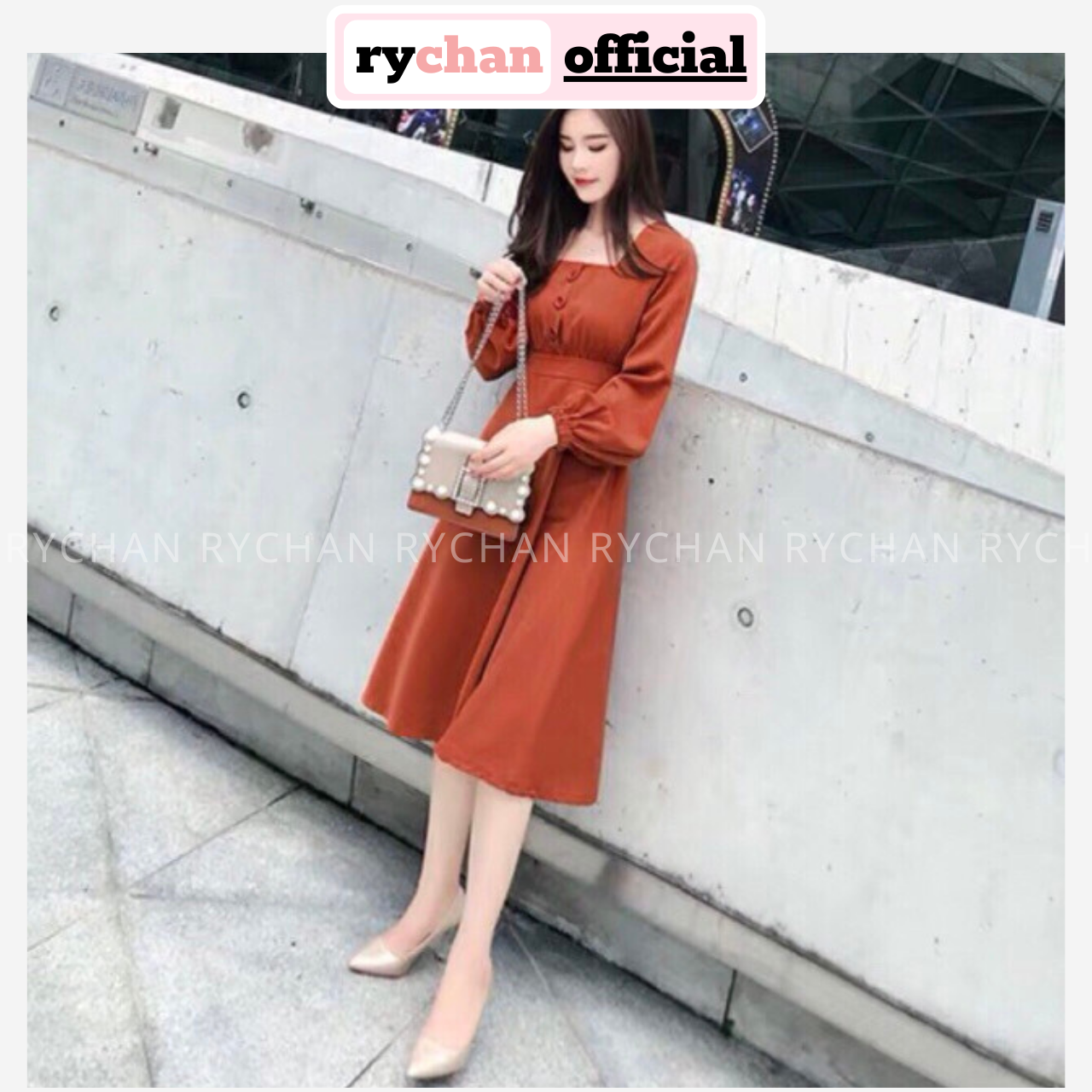 [HCM]DM637 - Orange Maxi Dress Square Neck with Puffy Sleeves
