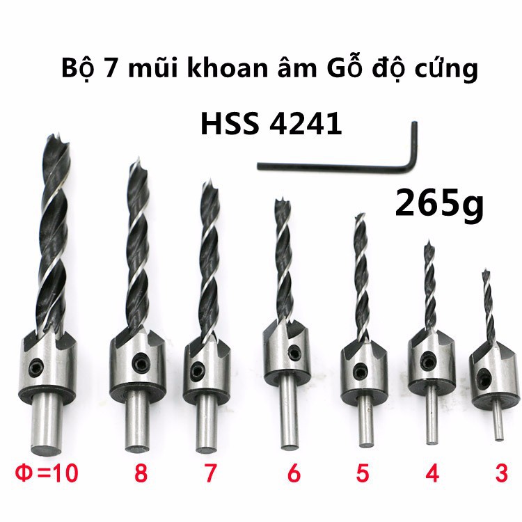 Bộ 7 mũi khoan gỗ doa lỗ vít-Mũi khoan âm gỗ
