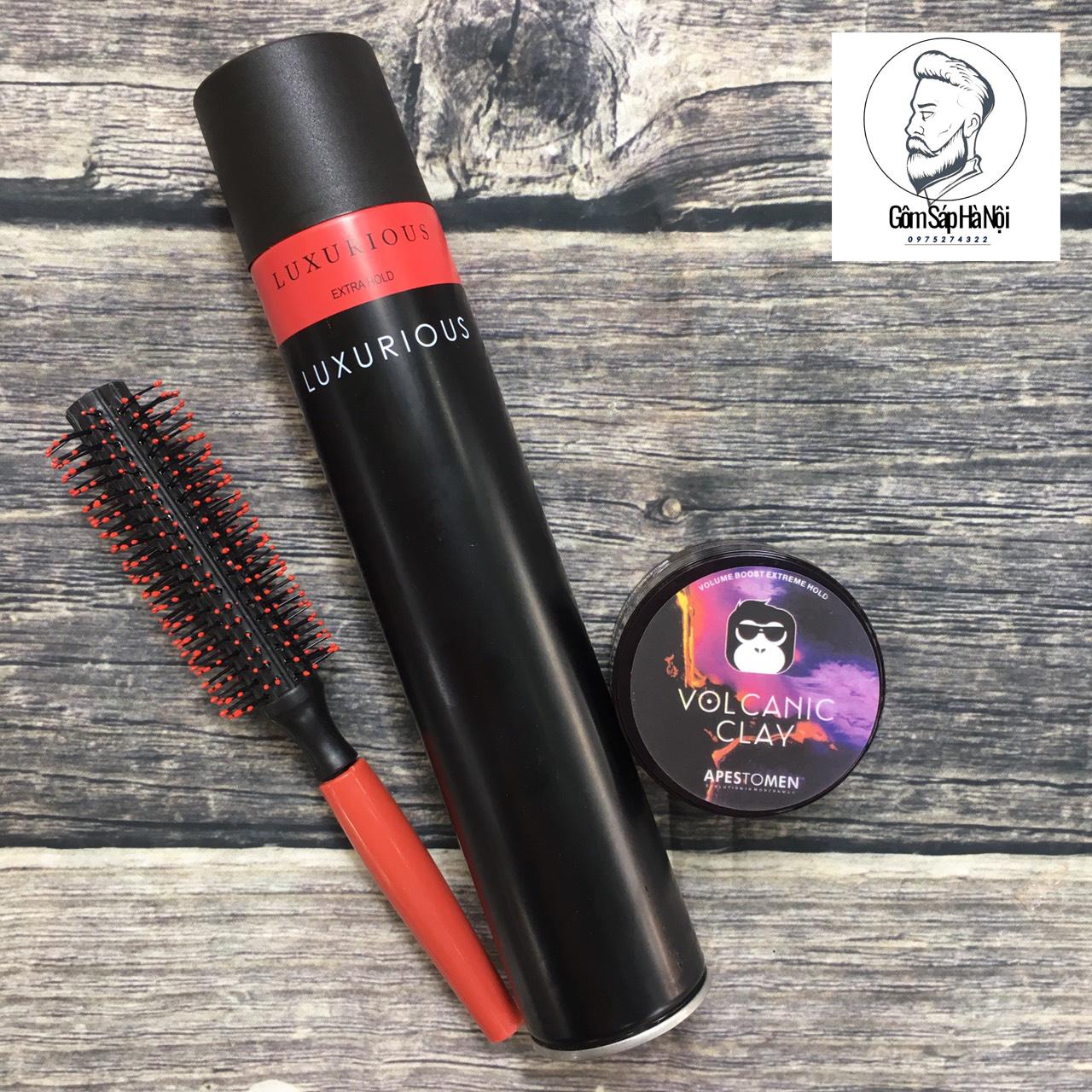 Combo Gôm Xịt Tóc Luxurious + Sáp Vuốt Tóc Volcanic Vỏ Nhựa ( Đen) + Lược