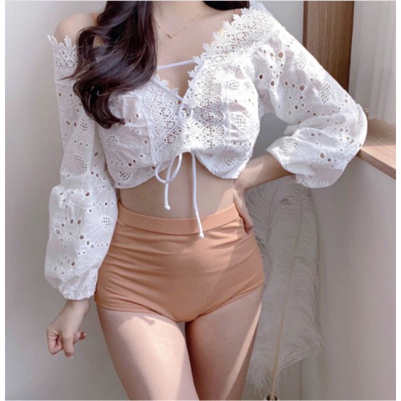 Bikini đồ bơi kèm áo ren ngoài phong cách tiểu thư