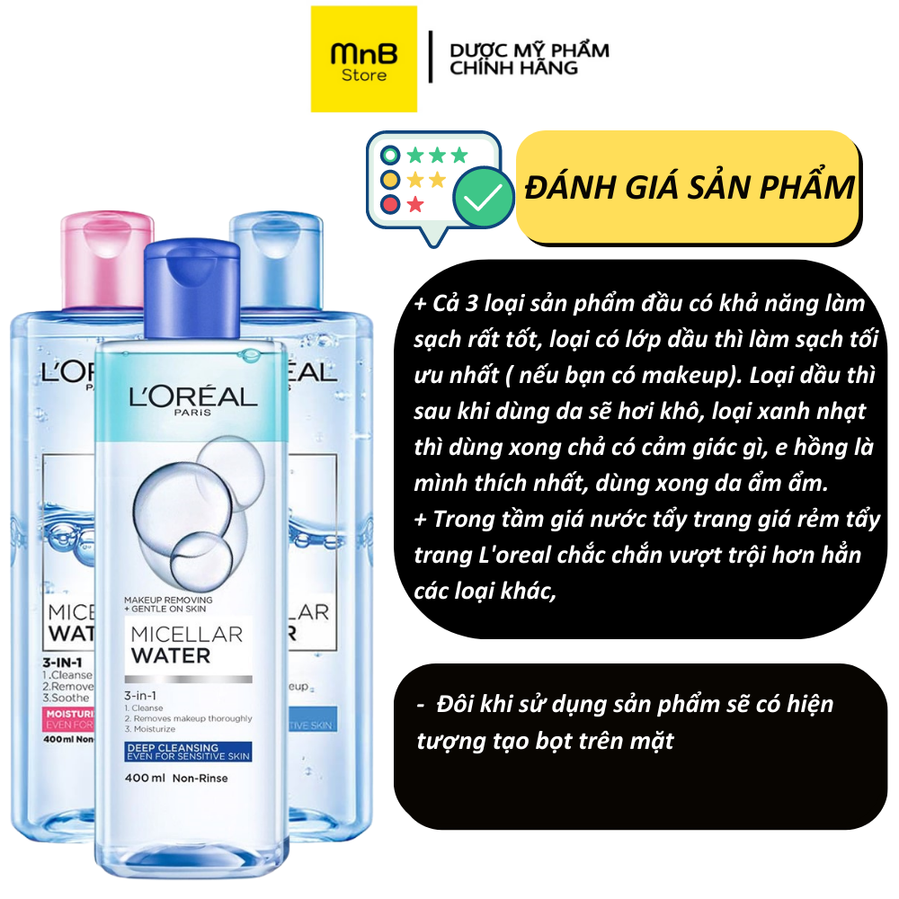 Nước tẩy trang Loreal Micellar Water 3 In 1 Refreshing 400ml
