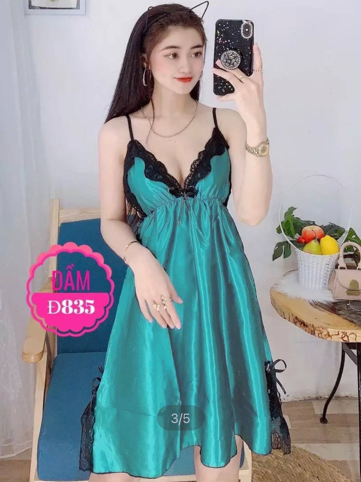 Đầm Ngủ Phi Lụa Phối Ren,Mềm Mại Quyến Rũ Freesize Dưới 60kg