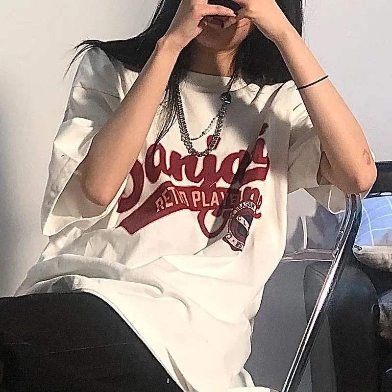 2022美式复古白色短袖T恤女夏季宽松韩版潮ins原宿风半袖上衣服潮