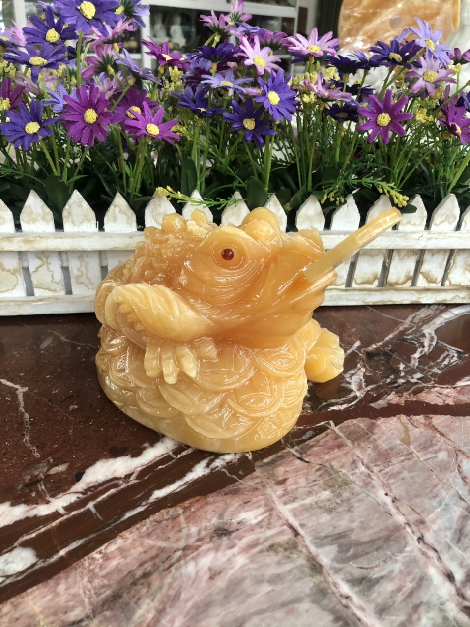 Tượng Cóc Thiềm Thừ phong thủy đá thạch anh vàng - Dài 15 cm