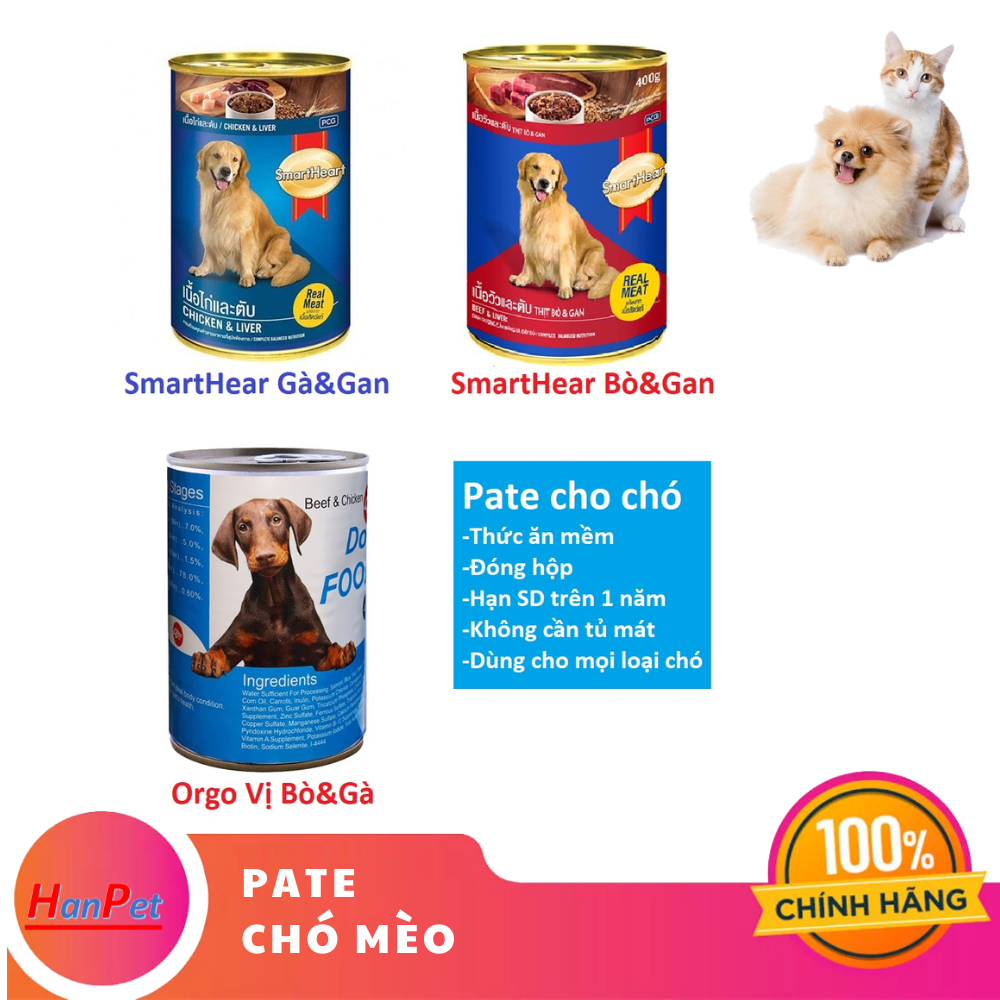 Hanpet - Pate chó dạng Lon 400gr (3 loại) Thức ăn mềm cho mọi loại chó - Thịt hộp chó