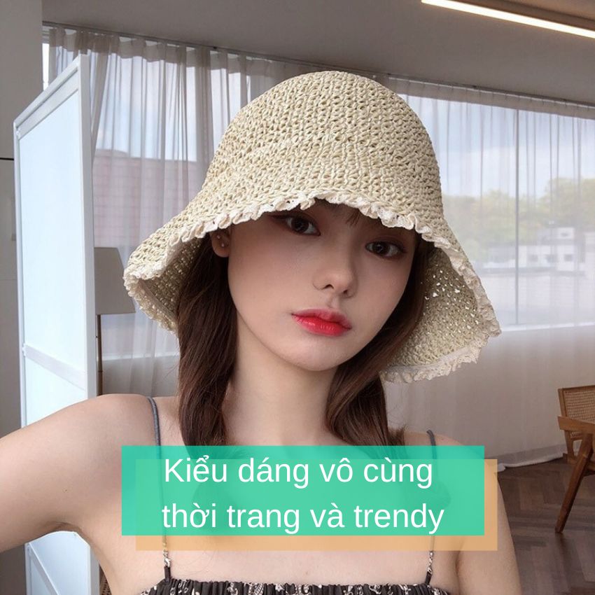 Mũ Bucket cói mềm viền ren nữ tính