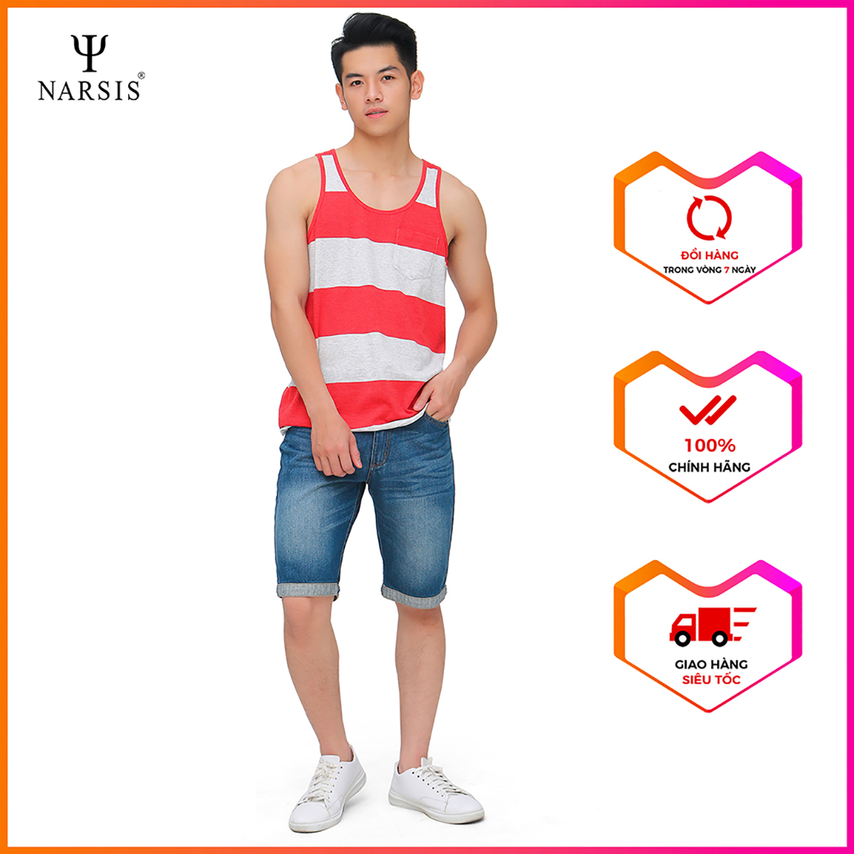 Áo thun nam NARSIS D8055A kẻ đỏ viền đỏ