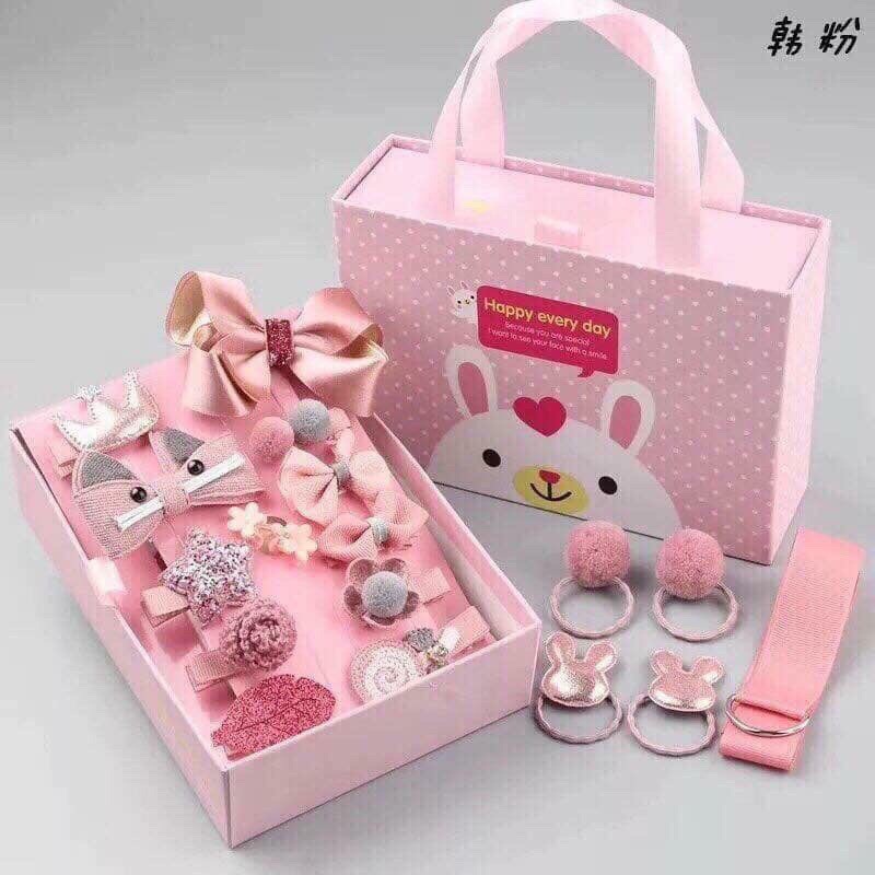 Bộ Hộp Dây Buộc Tóc, Nơ Kẹp Tóc Cho Bé Gái 18 Chi Tiết Full Box
