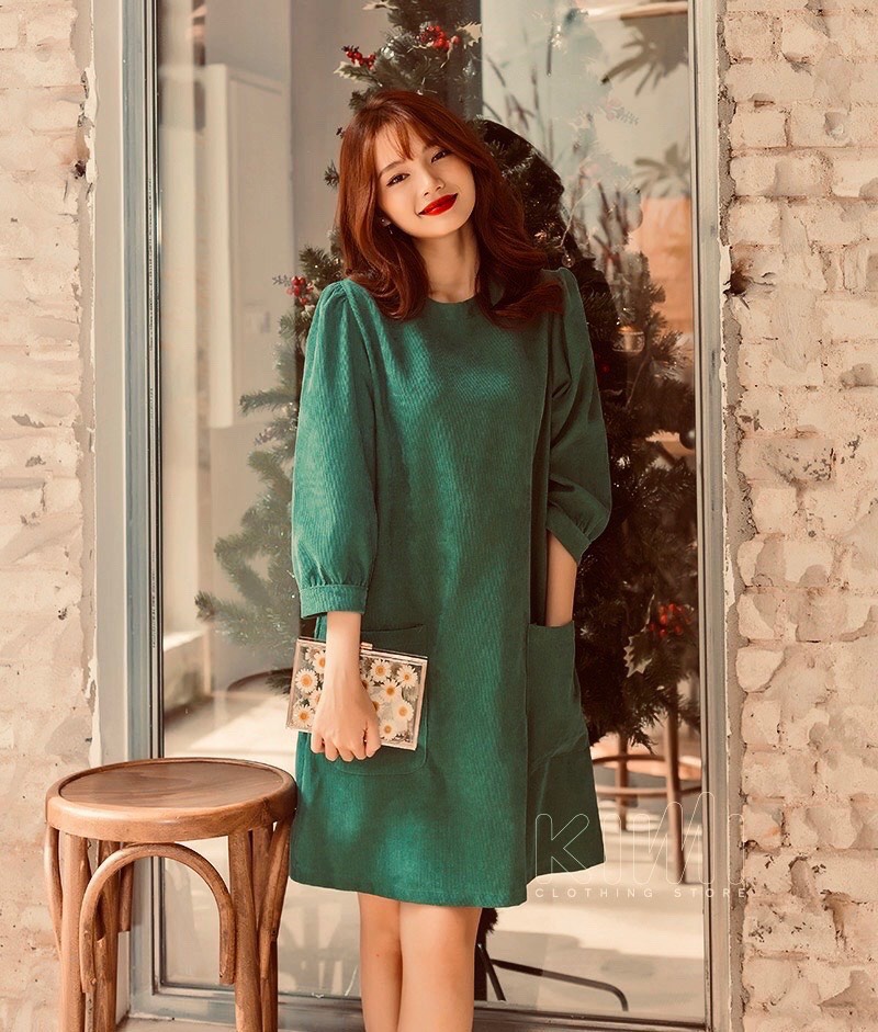 Đầm dáng suông tay lỡ đầm nhung tăm tay lỡ có túi màu hot 2022 - bla22110