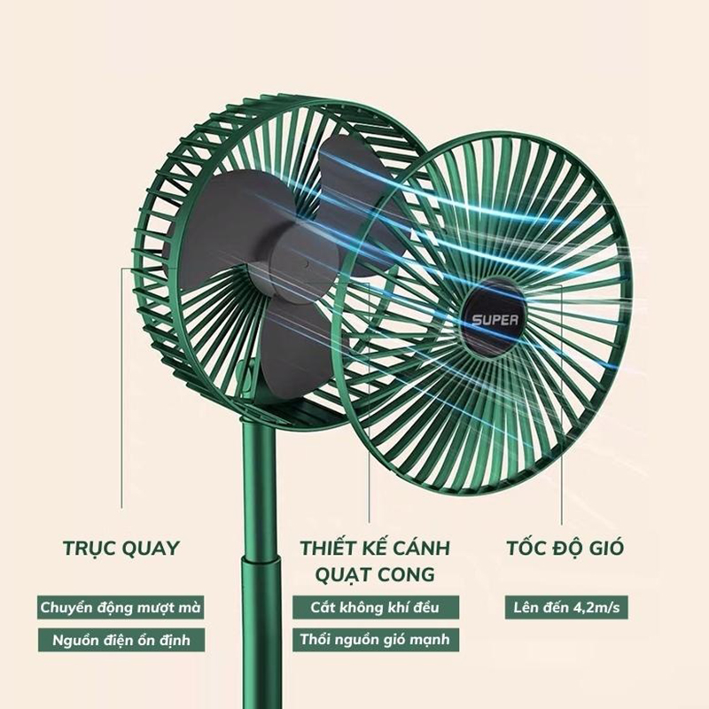 Quạt tích điện để bàn gấp gọn 3 cấp độ gió, Quạt mini sạc điện, quạt mini để bàn