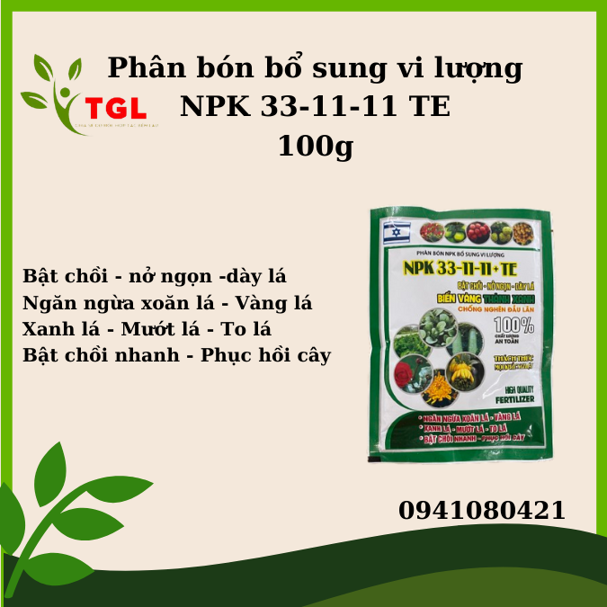 Phân, phân bón, phân bón cây trồng, phân bón cho cây cảnh, phân bón rau, phân bón npk bổ sung vi lượng npk 33-11-11 +te - 100 gram