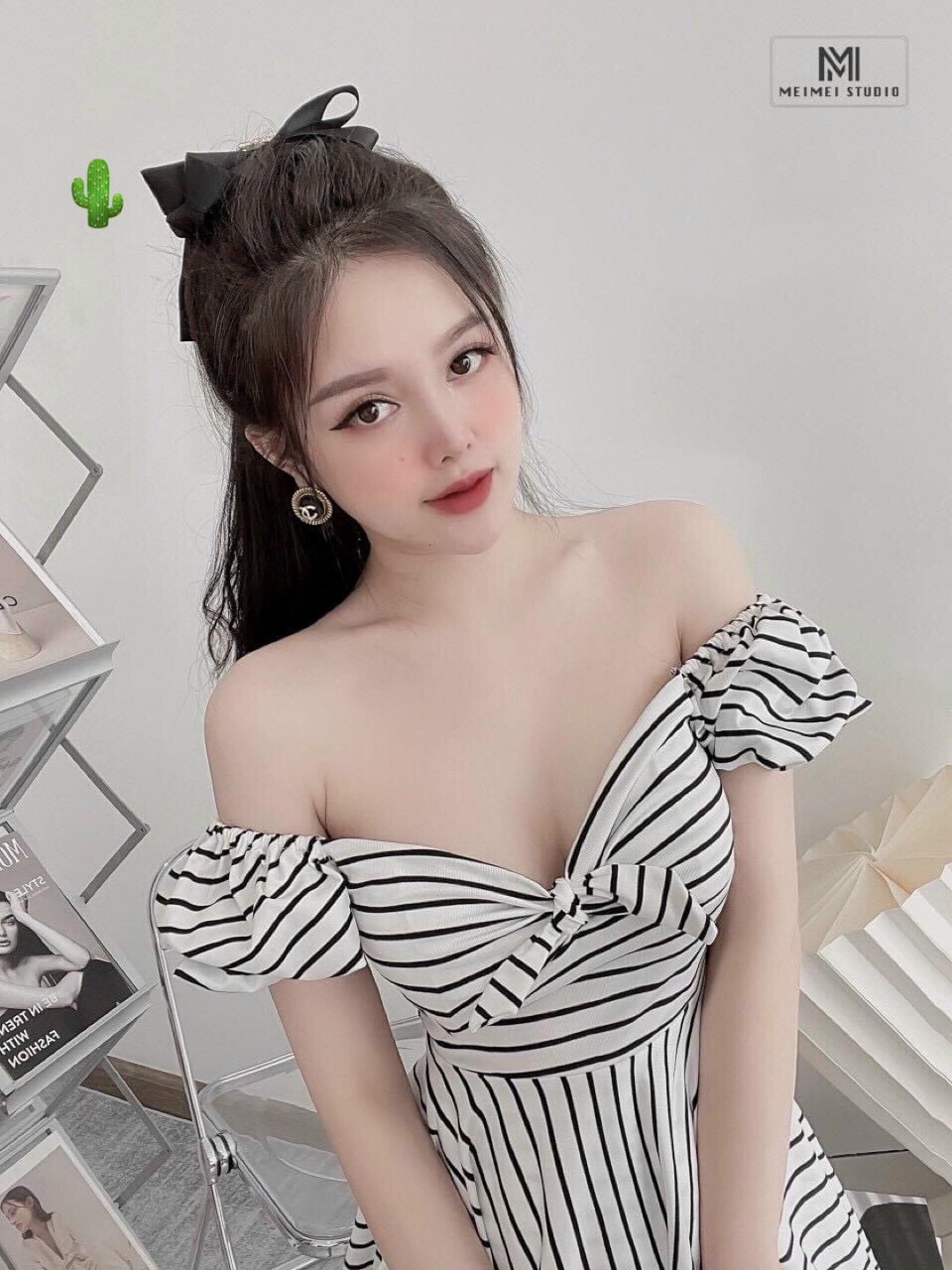 Váy đầm sọc dáng xòe trễ vai