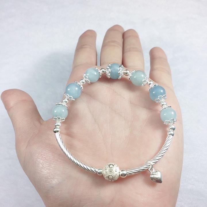 Vòng tay đá aquamarine ngọc xanh biển mix bạc sang trọng cho phái đẹp