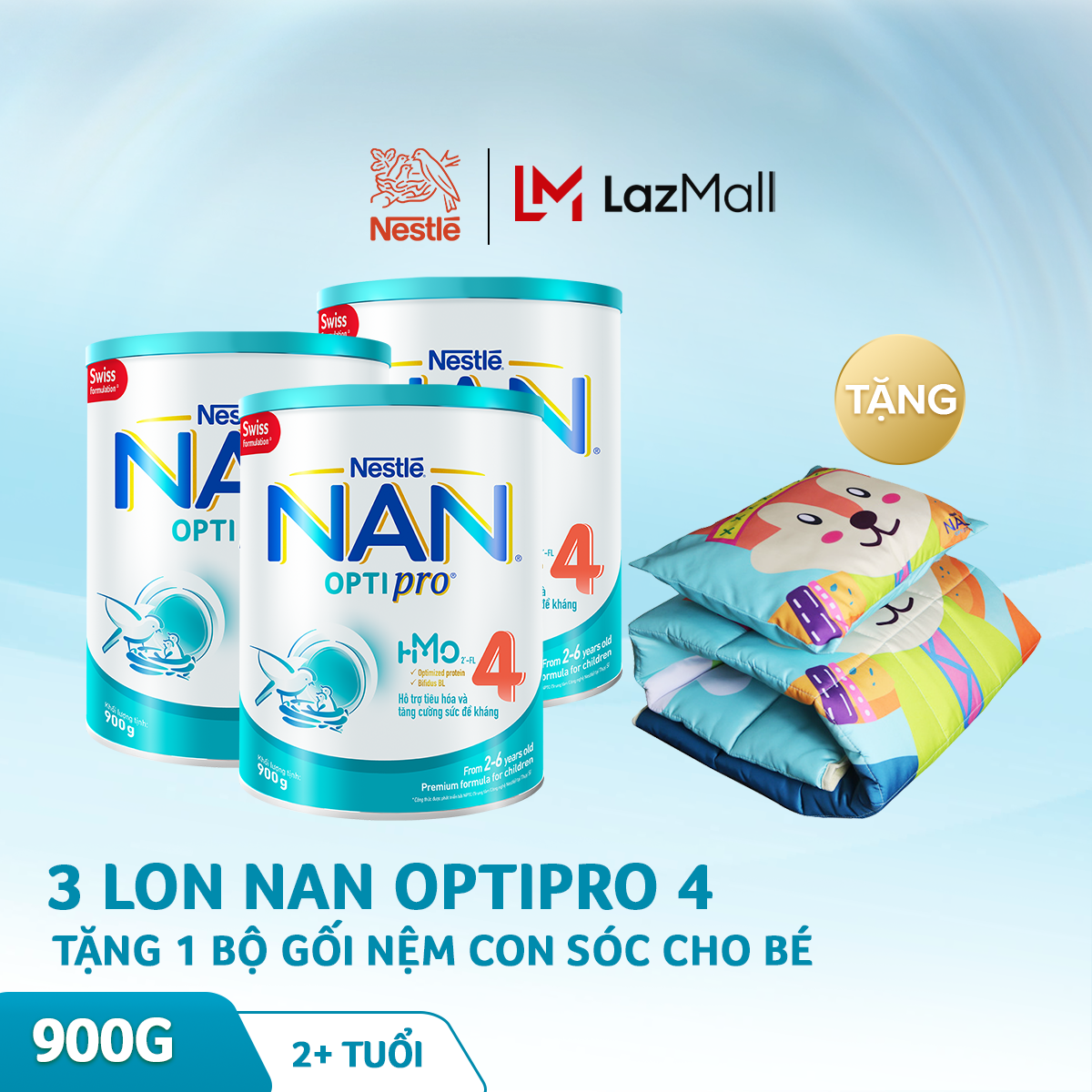 Bộ 3 lon sữa bột Nestle NAN Optipro 4 cho trẻ trên 2 tuổi 900g + Tặng gối nệm con sóc cho bé