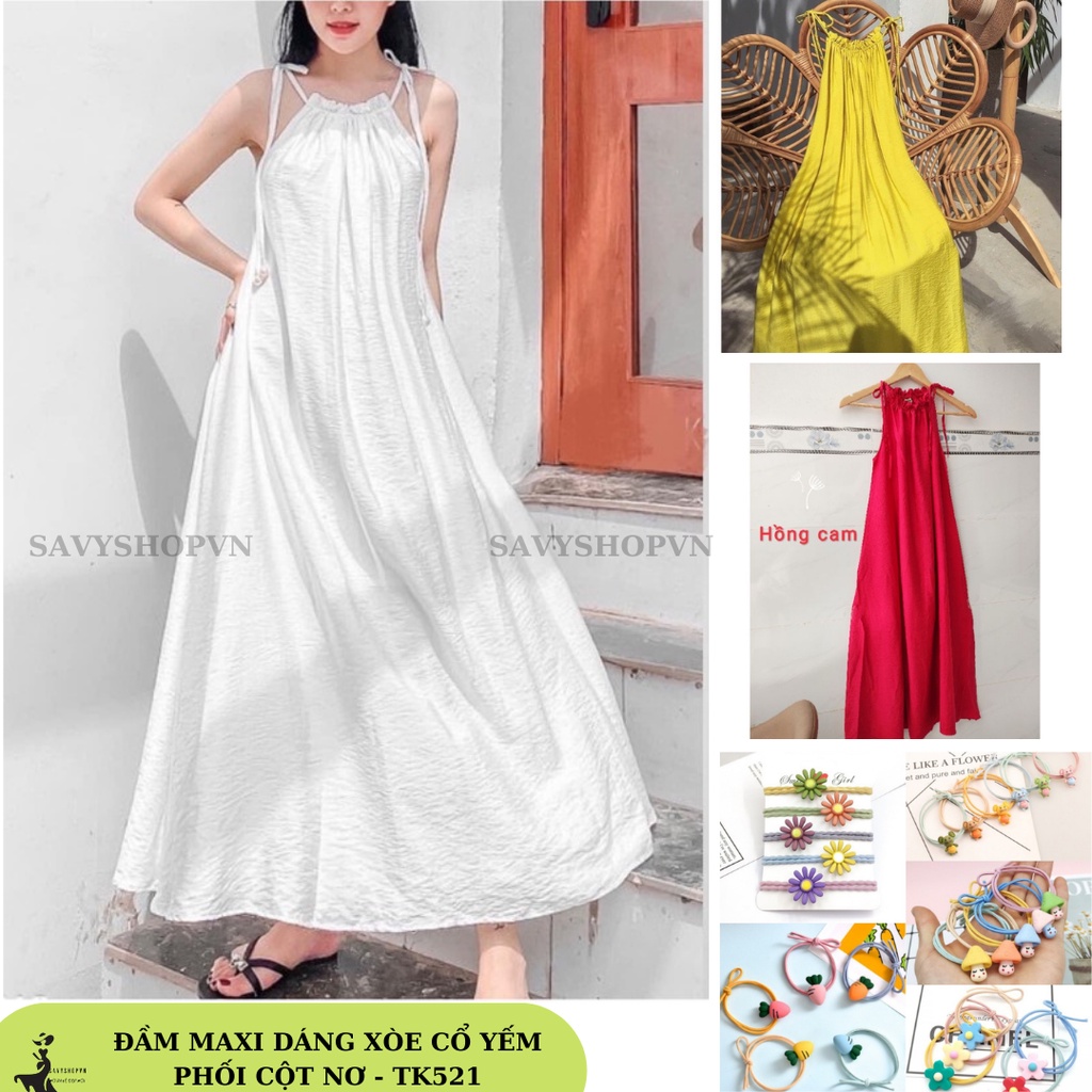 Đầm maxi dáng xòe cổ yếm phối cột nơ