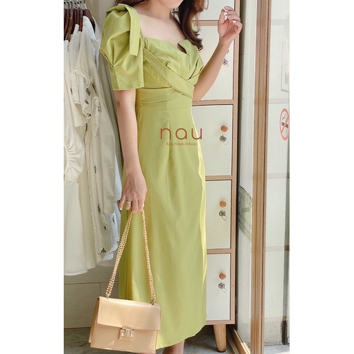 Đầm midi Xanh - Trắng chéo eo nơ vai