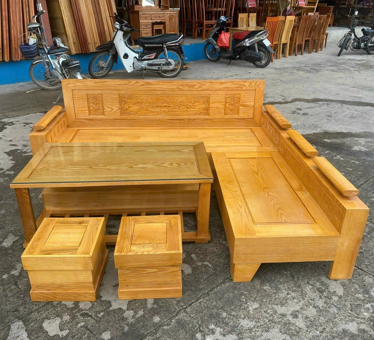 Bộ sofa góc L 2m-2m25 gỗ sồi mặt liền. Bàn ghế sofa hiện đại gỗ sồi nga 5 món