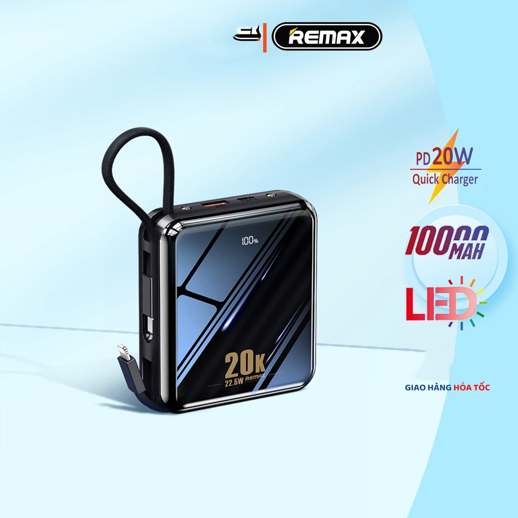 Sạc dự phòng 20000mah chính hãng Remax RPP 51 sạc nhanh 20w và tích hợp dây sạc iP và Type C.,thiết kế nhỏ gọn,sang trọng,sạc pin cực nhanh,tích hợp 2 đèn led BH 12 tháng