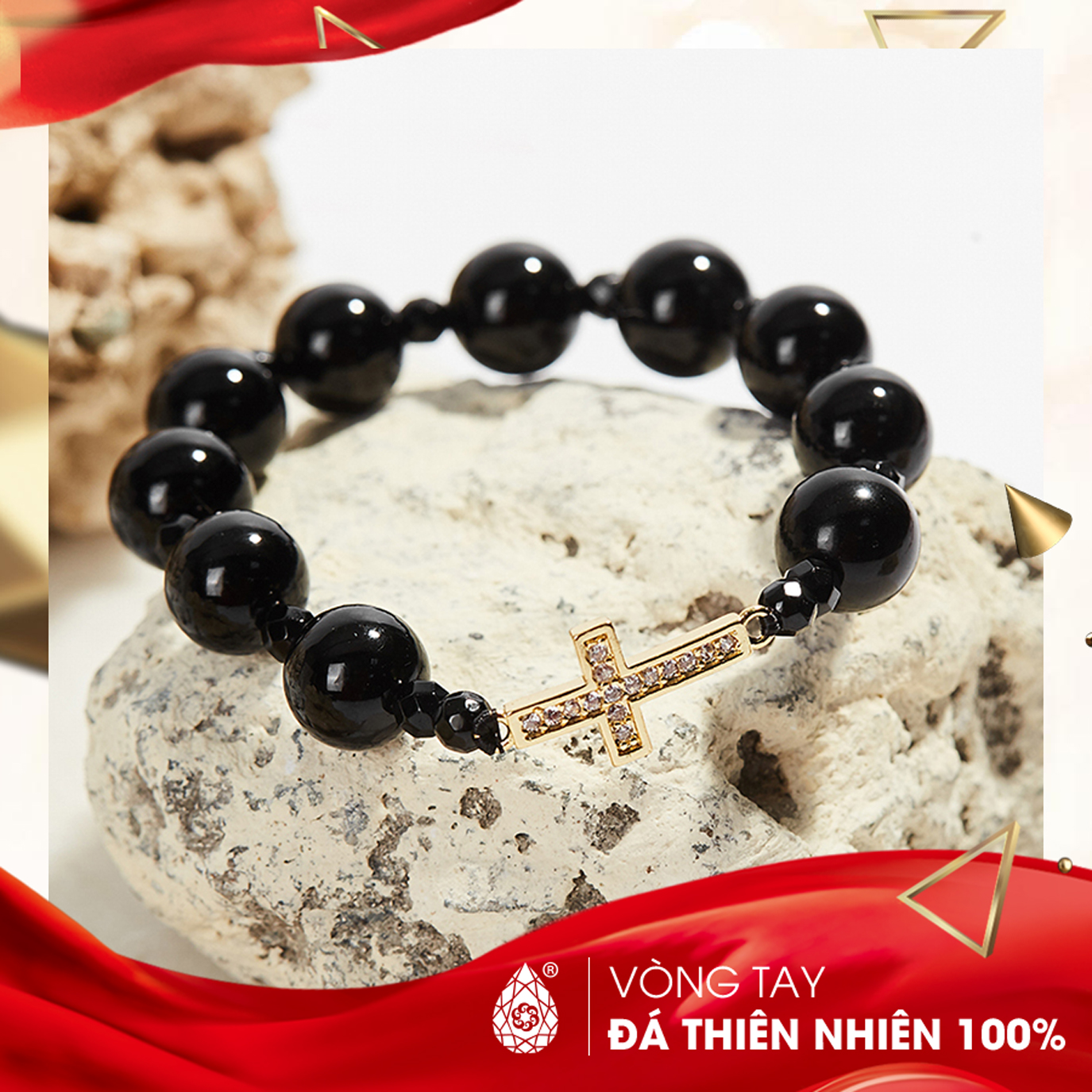 [HCM]Vòng chuỗi mân côi đá Obsidian 10mm mix charm Thánh Giá - Ngọc Quý Gemstones