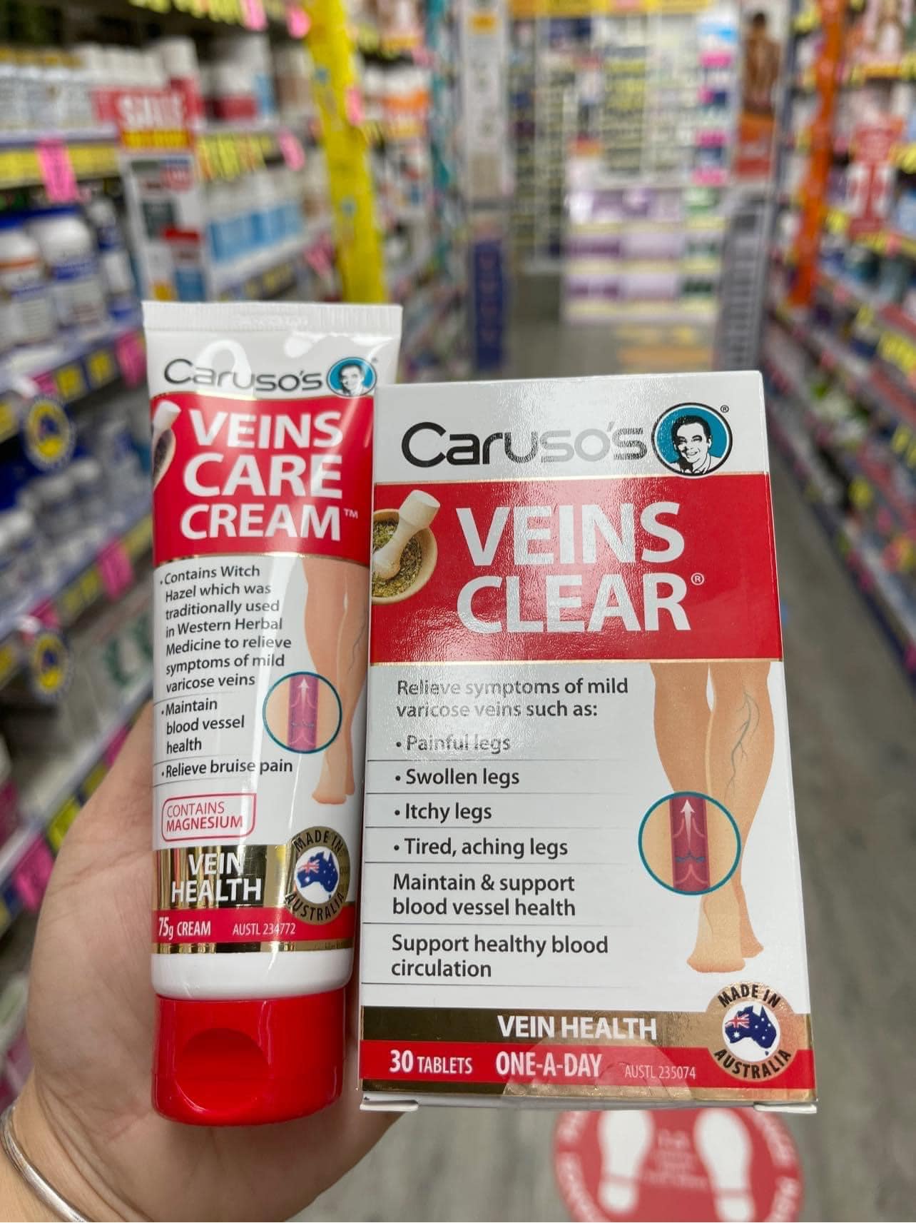 Suy giãn tĩnh mạch Carusos Veins Clear 30 viên + Kem bôi chống giãn tĩnh mạch Úc 75g Veins care Caruso's