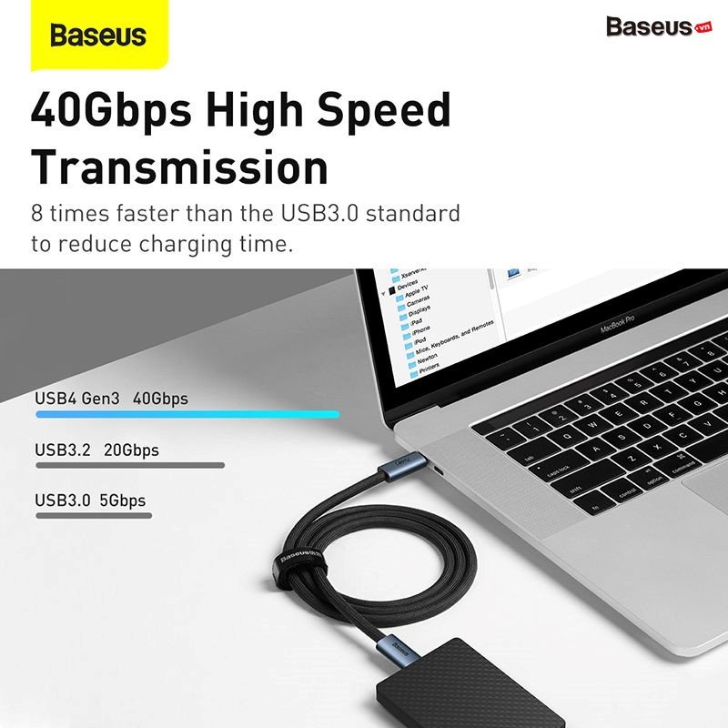 Cáp sạc siêu nhanh, dây sạc nhanh Baseus Flash Series USB4 Full Featured Data Cable Type-C to Type-C 100W 40Gbps